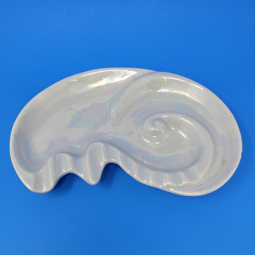 Vintage‎ Iridescent White Shell Ceramic Ashtray Trinket Dish Luster Glaze